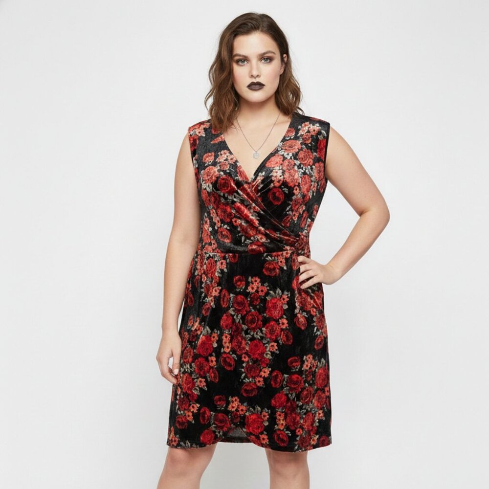 Paper Doll Dress Velour Floral Dark Grunge Faux Wrap Whimsigoth 2X
